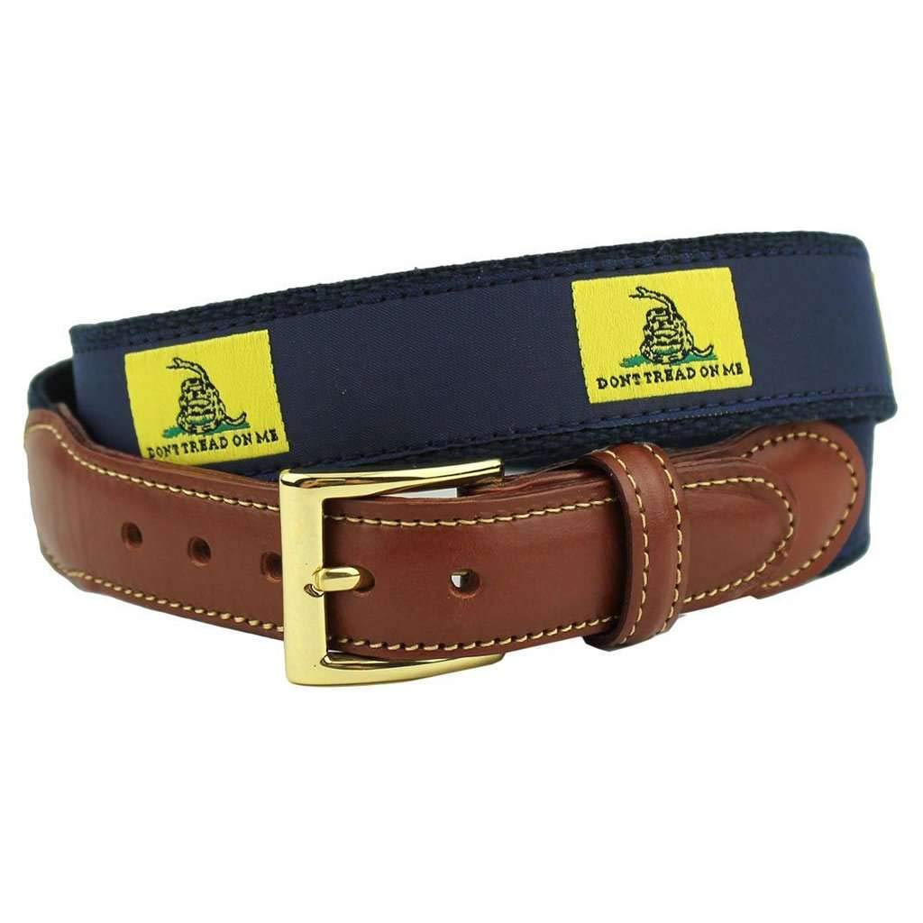 Country Club Prep Don't Tread On Me Leather Tab Belt in Yellow on Navy Canvas