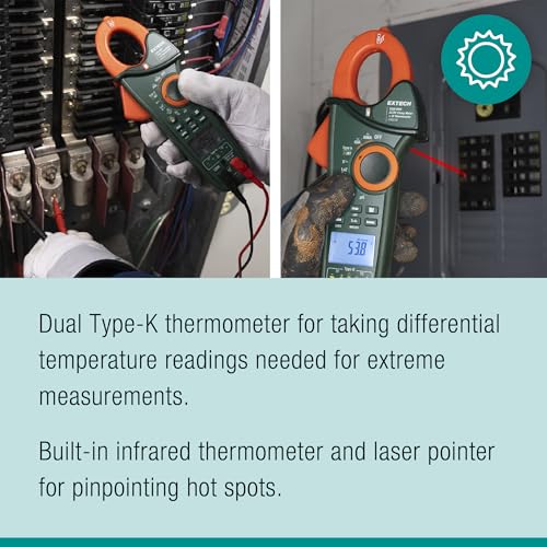 Image of Extech EX623A 600A AC /DC Clamp Meter with IR and Dual Type K | True RMS, NCV, built-in IR thermometer, T1 /T2 differential, LoZ, low pass filter, inrush, DC uA