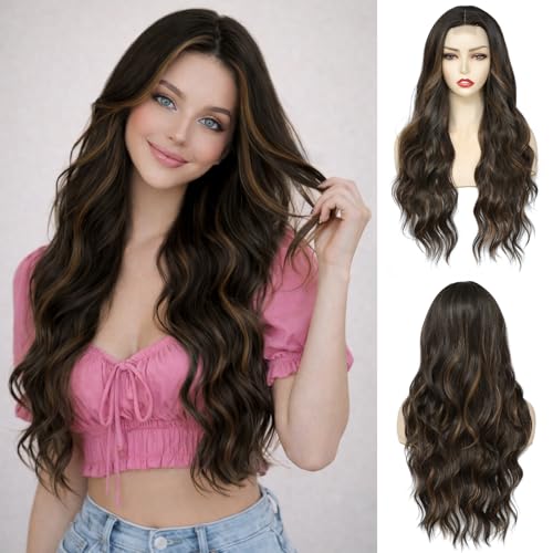 NAYOO 26 Inch Long Brown Wavy Wig for Women, Natural Looking Dark Brown Wig with Balayage Highlights, Middle Part Synthetic Wig Heat Resistant Fiber, Soft Long Wavy Wig for Daily Wear
