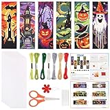 ORIGACH 6 Set Halloween Cross Stitch Bookmark Kit for Beginner with Backing Felt Floss Instructions DIY Stamped Embroidery Bookmark Kit for Adults, Book Lovers