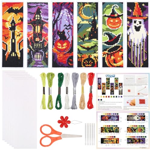 ORIGACH 6 Set Halloween Cross Stitch Bookmark Kit for Beginner