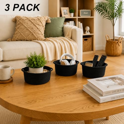 Image of Small Woven Cotton Rope Baskets with Handle, Set of 3, Black | Boho Round Design, Bathroom Organizer, Safe for Kids & Pets, Chemical-Free Cotton, Multi-Room Storage