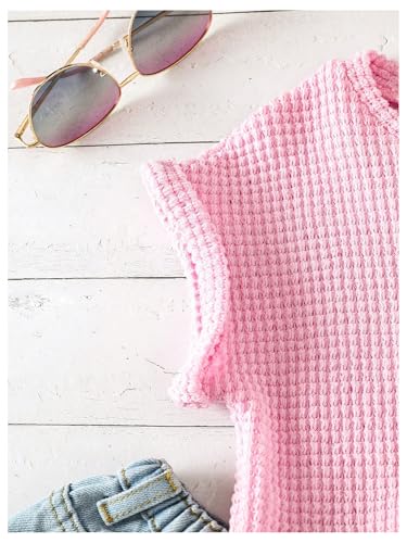 SweatyRocks Girl's Dolman Short Sleeve T Shirt Crew Neck Waffle Knit Casual Tee Tops4