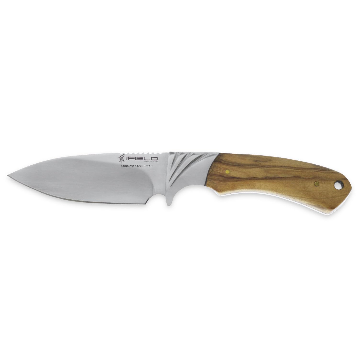 iFIELD Cuchillo de caza deportivo Camper EL29018, mango de olivo, hoja de 10,8 cm, acabado pulido, virola de acero, funda de piel marrón, herramienta de camping para pesca, caza, actividad deportiva