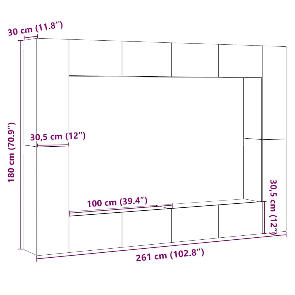 Set di 8 mobili per TV, montaggio a parete, effetto legno anticato, credenza con vano portaoggetti, sospesa e salvaspazio, per soggiorno, camera da letto, angolo gaming