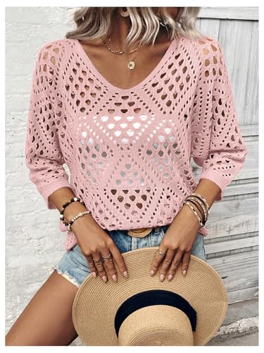 Image of Verdusa Women's Crochet Beach Summer Sweater 3 /4 Length Sleeve Boho Off The Shoulder Tops
