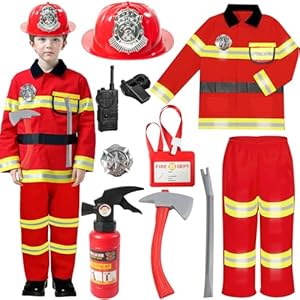 WANGWANG Feuerwehr Kostüm Kinder mit Feuerlöscher, Jacke, Helm, Pfeife, Feuerwehrmann Kostüm Kinder für Karneval Halloween Fasching, Feuerwehrkostüm Cosplay Rollenspiel (Größe XS)