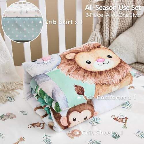 Image of 3-Piece Crib Bedding Set for Boys Girls - Ultra Soft & Skin Friendly Baby Bedding Set Includes Crib Comforter, Sheet & Crib Skirt (Safari) | Safari design