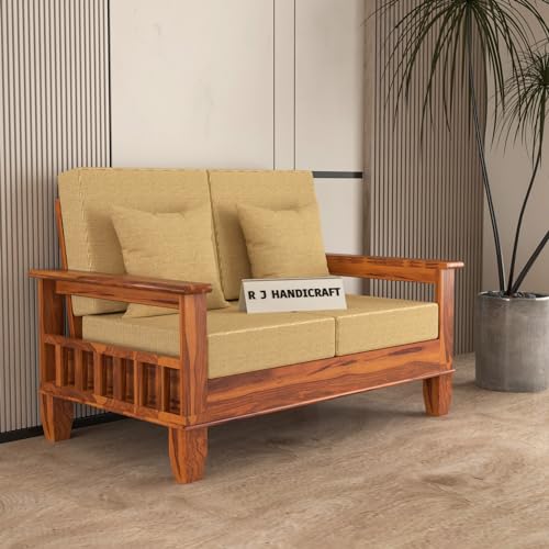 Image of Sheesham Wooden 2 Seater Sofa for Living Room | Rosewood 2 Seater Cushion Sofa with Side Newspaper Holder for Home & Office | Solid Wood Sofa Set for Lounge (Honey, 2 Seater)