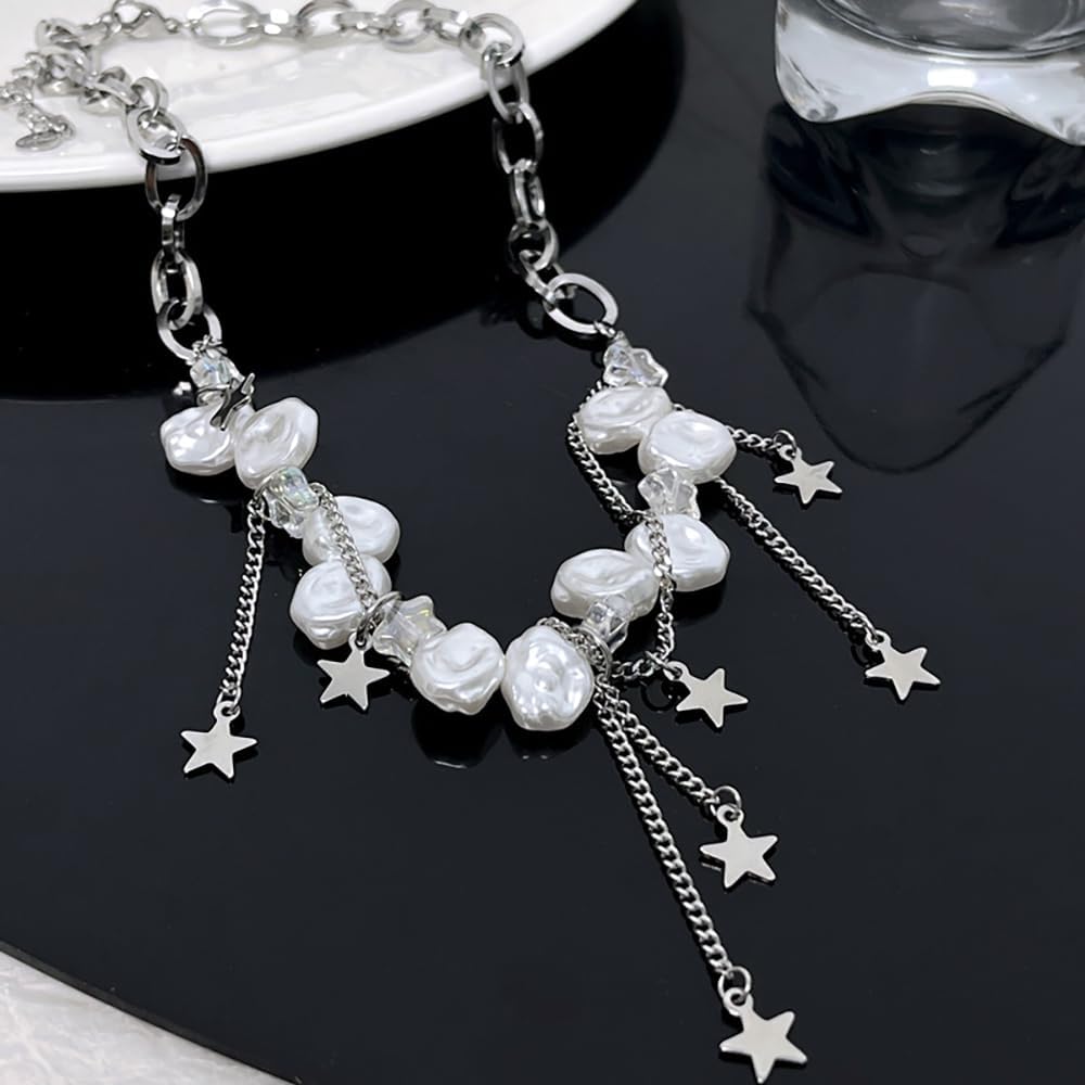 Silver Baroque Pearl Star Tassel Necklaces, Adjustable Chunky Chain Choker Necklaces, Layered Y2k Statement Jewelry Gifts for Women - Image 9