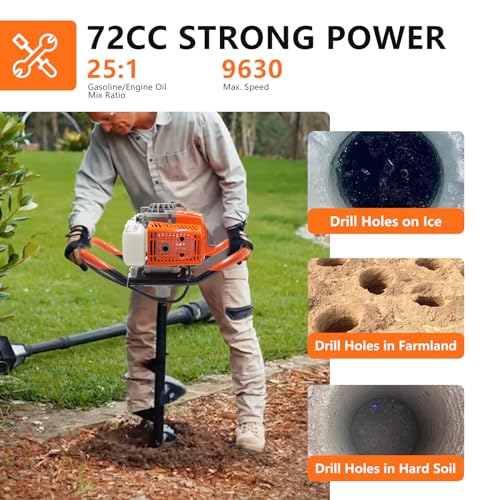 72CC Auger Post Hole Digger, 2 Stroke Gas Powered Earth Post Hole Digger with 2 Auger Drill Bits(6" & 8") + 1 Extension Rods for Farm Garden Plant, Orange (72CC)