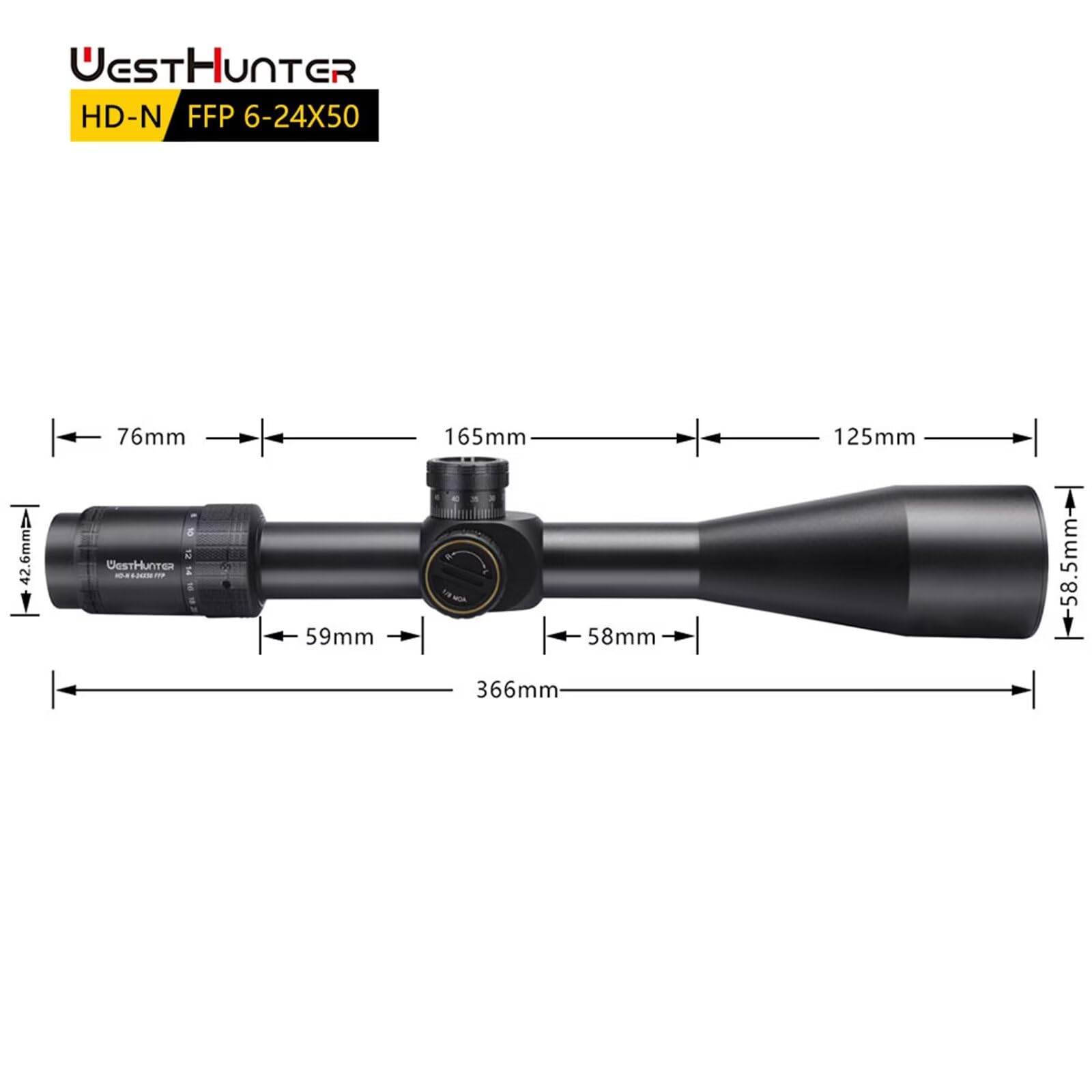 WestHunter HD-N 6-24x50 FFP Lunette de Visée Réticule Gravé Verre Premier Plan Focal Tube 30 mm Tir Précision Tactique 1/8 MOA