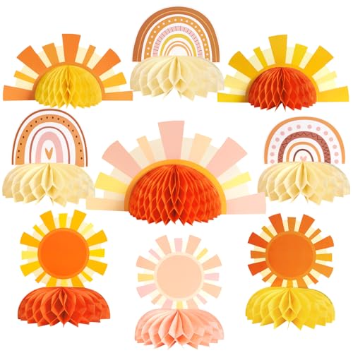 9PCS Boho Sun Honeycomb Centerpieces Boho Rainbow Party Decorations