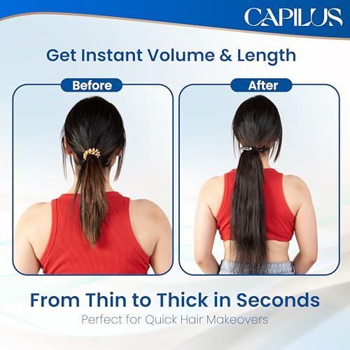 Image of Capilus Flat Clip-In Ponytail Hair Extensions (Black, 24 Inch) | 100% Natural Human Hair | Changeable Clip | Instant Volume & Length | Original Human Hair Ponytail Extension for Women