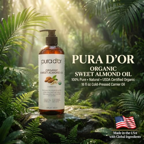 PURA D'OR USDA ORGANIC 100% PURE Sweet Almond Oil, for Hair & Skin, 16 Oz - image 2