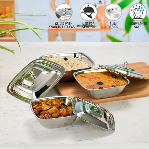 Image of Sumeet Stainless Steel Square Serving Bowl /Curry Bowl /Gravy Pot with lid, 600ml, 900ml & 1250ml capacity, 14.5cm, 17cm & 18.8cm Dia, Set of 3 Pcs, Silver