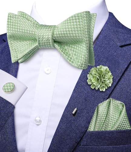 Image of Dubulle Self Tie Bow Ties and Lapel Pin for Men Paisley Solid Mens Bowtie and Handkerchief Cufflinks Set Wedding