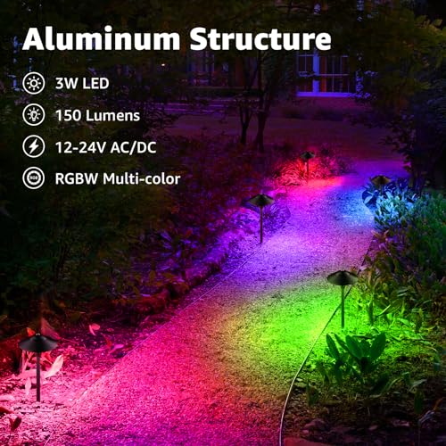 Image of SUNVIE RGBW Low Voltage Pathway Lights 3W Color Changing Landscape Lights 12-24V Multi-Color Path Lights Waterproof for Yard Garden Walkway Holiday Landscape Path Lighting ETL Listed Cord, 4 Pack