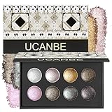 UCANBE 8 Color High-Intensity Baked Shimmer Eyeshadow Palette - Metallic Diamond-Like Shimmer, Highly Pigmented, Smooth & Blendable Formula for Dramatic & Radiant Eye Makeup (03 All Metallic)