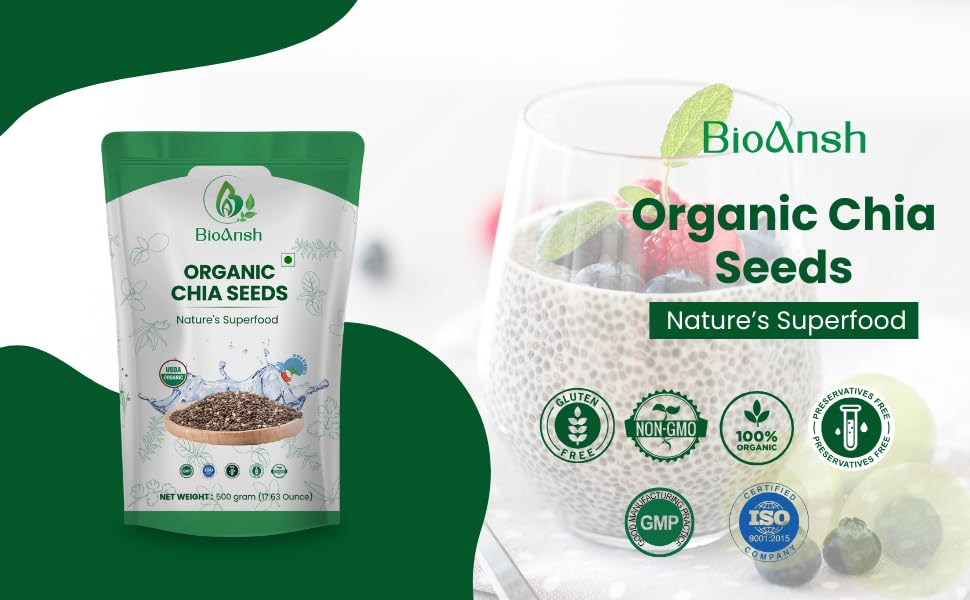 Image of BIOANSH Certified Organic Raw Chia Seeds | Gluten Free, Rich in Omega 3 & Fibre, Plant Protein, Good for diabetics and hair health, immunity booster, healthy snack | Superfood (Pack of 1 (500 gm))