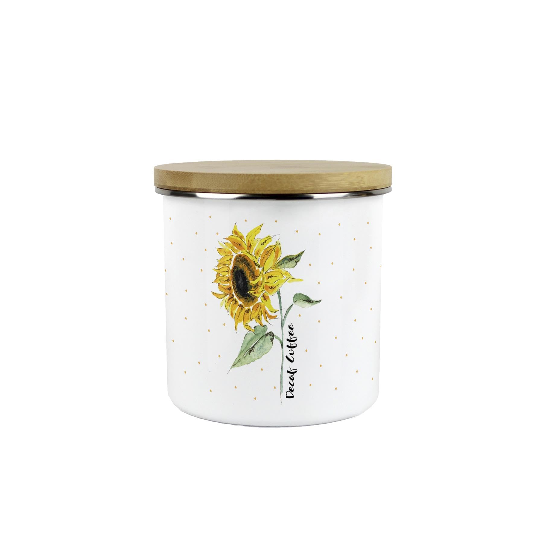 Purely Home Sunflowers & Spots Decaf Coffee Storage Canister - Floral Kitchen Housewarming Gifts by Rhiannon Chauncey - White Metal Enamel Medium Sized Kitchen Food/Drinks Storage Container