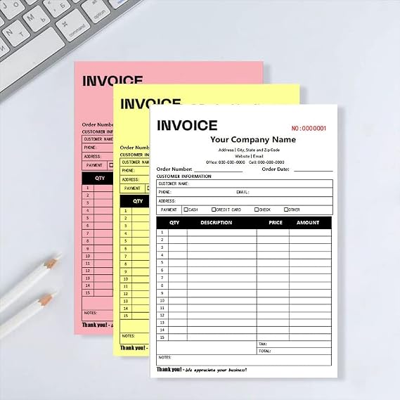 Custom Invoice Book for Small Business, Receipt Book with Carbon Copies, Personalized 2 Part/3Part Carbonless Order Form, Add Company Name (#2 Invoice 1, 2 Part[White/Yellow])