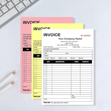 Custom Invoice Book for Small Business, Receipt Book with Carbon Copies, Personalized 2 Part/3Part Carbonless Order Form, Add Company Name (#2 Invoice 1, 2 Part[White/Yellow])