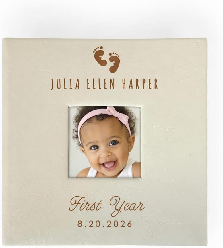Small Personalized Baby First Year Feet Small Leatherette Photo Album Holds 100 Photos