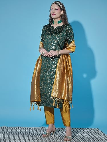 Image of VredeVogel Women's Cotton Silk Jacquard Kurta Pant Set with Banarasi Woven Self Designed Dupatta