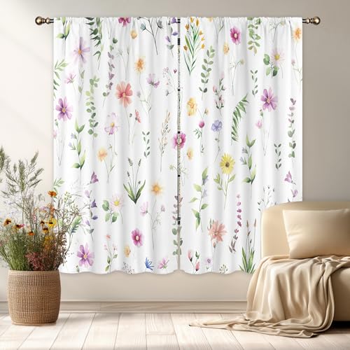 LIGHTINHOME Spring Floral Curtains 42Wx63H Inch Boho Watercolor Blooming Flowers Farmhouse Wildflower Botanical Plants Rod Pocket Girls Bedroom Living Room Window Drapes Treatment Fabric 2 Panels