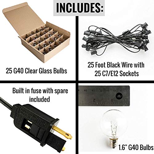 25 Foot G40 Clear Outdoor Globe String Lights (Black Wire) And 1.6 Inch Bulbs For Patio, Deck, Porch, Yard, Gazebo, Pergola, Cafe, Bistro, Market, Letters, Party Decor And More #TOP6