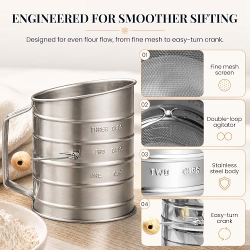 Image of Bellemain Stainless Steel Flour Sifter for Baking with Hand Crank - 3 Cup | Fine Mesh, Silver Color, Double Loop Agitator, Rust Resistant