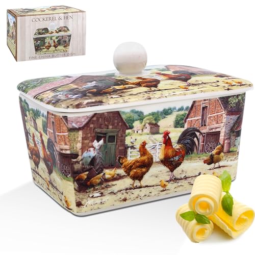 Beurrier en porcelaine fine Motif coq et poule