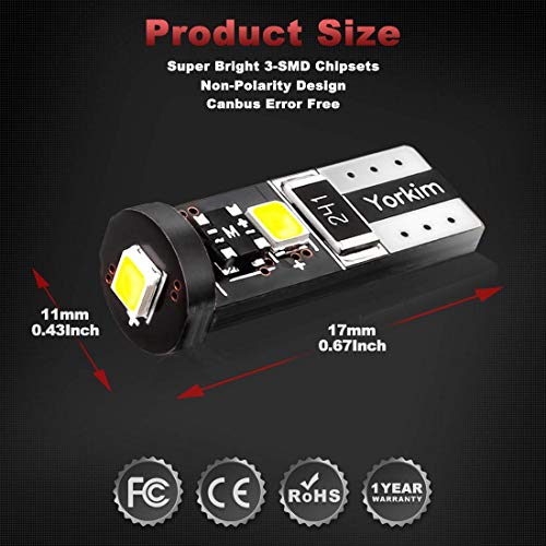 Yorkim 194 Led Bulb Canbus White Error Free 3-SMD 2835 Chipsets, T10 Interior Led For Car Dome Map Door Courtesy License Plate Trunk lights with 194 168 W5W 2825 Sockets Pack of 10