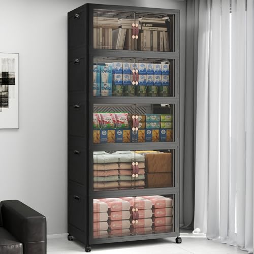 Image of UAMFURI Stackable Storage Bins with Lids, 600QT Lockable Storage Cabinet | Folding Storage Box with Doors and Wheels, Collapsible Plastic Drawers for Home, Garage, Office