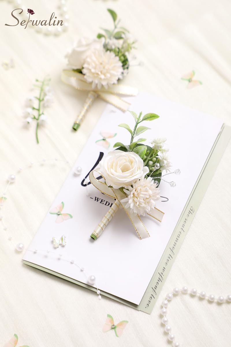 serwalin 6 pcs white boutonniere for men, groom groomsmen best man guest boutonnieres,artificial flowers silk rose for wedding prom ceremony anniversary party homecoming a white boutonniere 6pcs