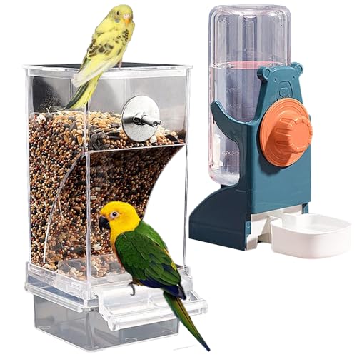 Exrp Bird Feeder Water Dispenser set Automatic Parrot Feeder Cage Accessories Clear Parakeet Seed container Food Feeder Drinker for Cage Cockatiel Finch Lovebirds Budgies Canary
