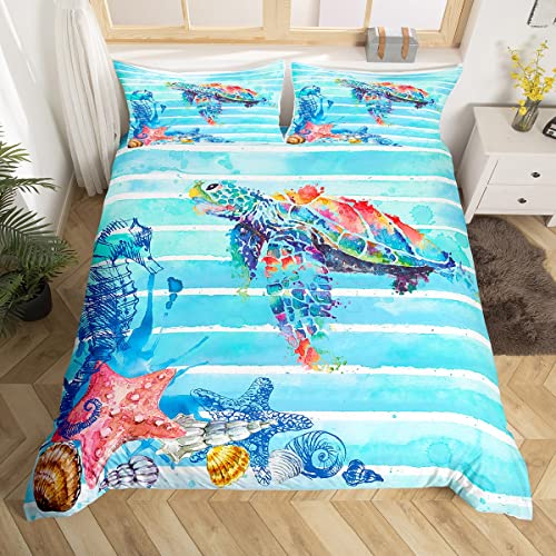 Homemissing Seahorse Parure de Lit 220x240cm Tortue de mer Parure Housse de Couette Plage Starfish Shell Housse de Couette Sarcelle Bleu Hawaiian La Vie Marine...