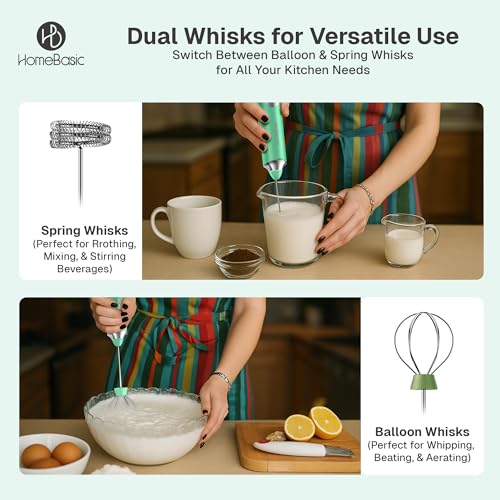 Image of HOMEBASIC Coffee Frother Electric Handheld, 3-Speed Milk Frother Rechargeable with Dual 304 SS Whisks, 8000 RPM Foam Maker for Latte, Cappuccino, Matcha, Eggs | Whisk Wave (GRN)