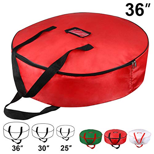 TQS 36" Christmas Wreath Storage Bag - Xmas Large Wreath Container - Reinforced Wide Handle and Double Sleek Zipper - Heavy Duty Protect Your Party Decorations Garland - Red