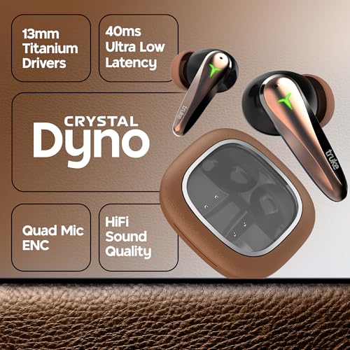 Image of truke Crystal Dyno Leather Finish True Wireless in Ear Earbuds w /Spatial Audio, 70H Battery Rapid Charge Ear Buds, 13mm Driver HiFi Sound TWS, 40ms Ultra Low Latency, 4Mics ENC - OakBrown