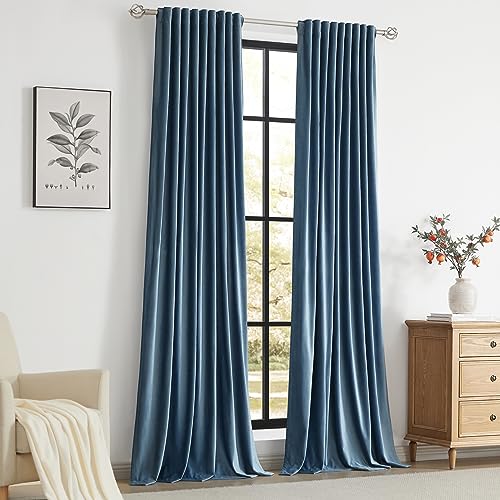 Image of PRIMROSE Velvet Curtains 102 inch Long for Living Room,Set of 2 Panels Stone Grayish Blue Blackout Rod Pocket Back Tab Window Treatment Room Darkening Heavy Decorative Curtains Drapes for Bedroom