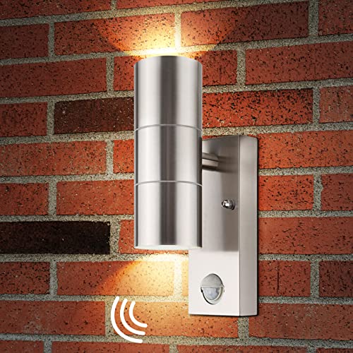 JZ CTG Außenleuchte Edelstahl Wandleuchte mit PIR Bewegungsmelder, Up Down Gartenlampe IP44 für Garten, Wege, Garagen, Terrasse - inkl. 2x 5W GU10 Leuchtmittel Warmweiß Cover