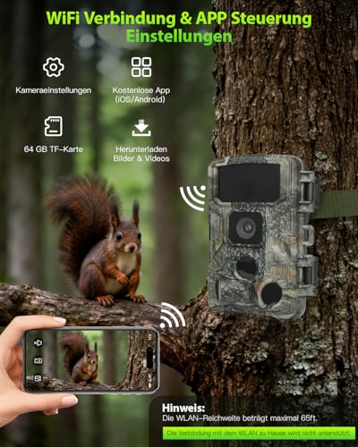KJK Wildkamera mit Handyübertragung APP, 4K 64MP HD WLAN Bluetooth mit 64GB Speicherkarte,...