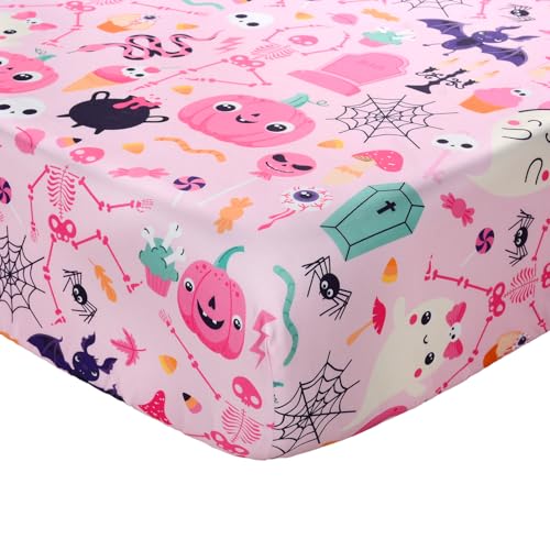 Image of JISEN Halloween Crib Sheet Soft Breathable Skeleton Ghost Fitted Crib Sheets for Standard Crib and Toddler Mattress Baby Bed Sheets for Boys Girls Neutral 52x28 Inch Pink