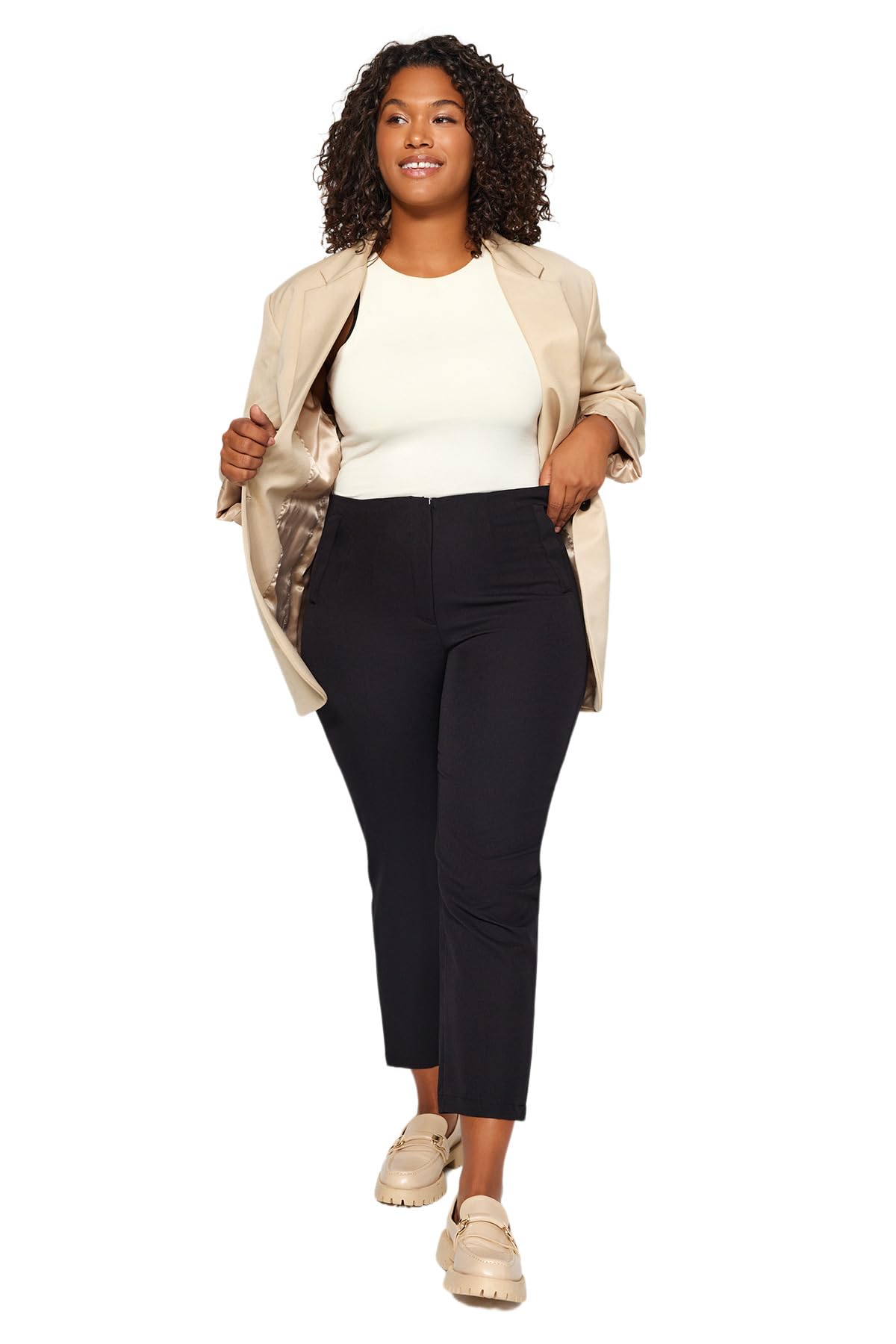 Trendyol Women Plus Size High Waist Straight Leg Cigarette Pants Plus Size Trousers Schwarz