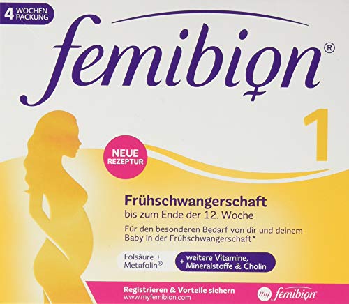 Femibion 1 Frühschwangerschaft Tägliches Nahrungsergänzungsmittel für SSW 1-12 mit Cholin Folsäure Metafolin 4-Wochen-Pack 28 Stück