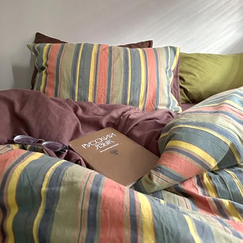 Image of MKXI Vintage Striped Duvet Cover Set Full Size- 3 Piece 100% Cotton Bedding Set Multicolor Stripes, Soft & Breathable, All-Season Comforter Cover with Zipper Closure