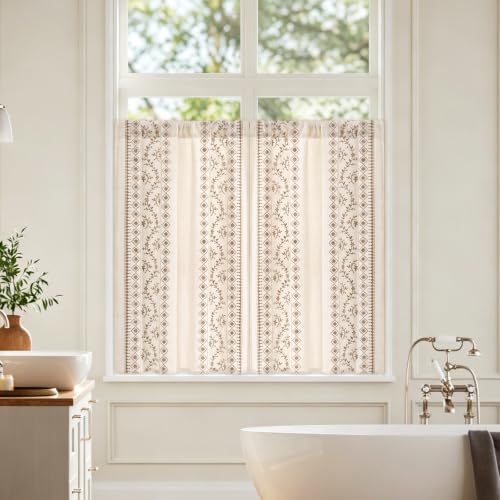 Image of Yinhua Boho Kitchen Curtains 36 Inch Length Brown Embroidered Floral Cafe Curtains, Farmhouse Light Filtering Kitchen Window Curtain Rod Pocket Short Tier Curtains for Windows, 26 inch W x 36 inch L, 2 Panels