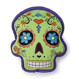 goDog Sugar Skulls Day of The Dead Squeaky Plush Dog Toy, Chew Guard Technology – Green, Large